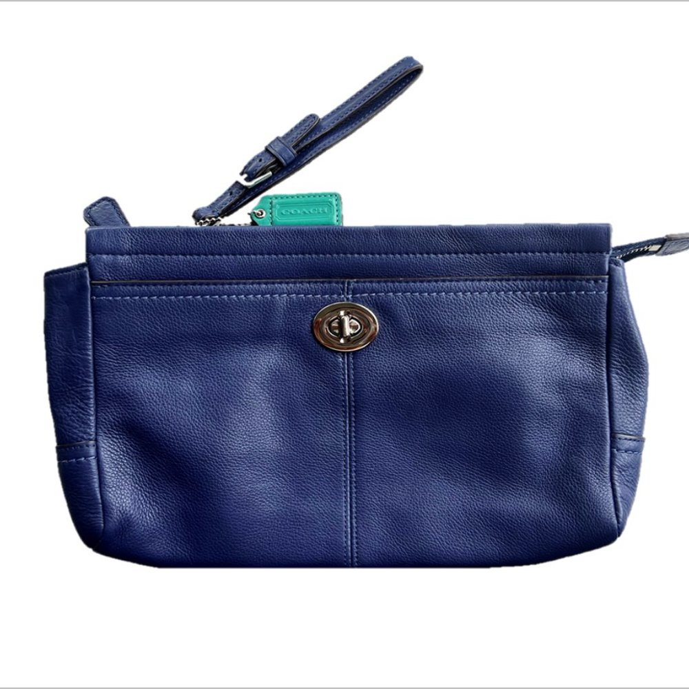 New blue leather wristlet / clutch with emerald satin lining